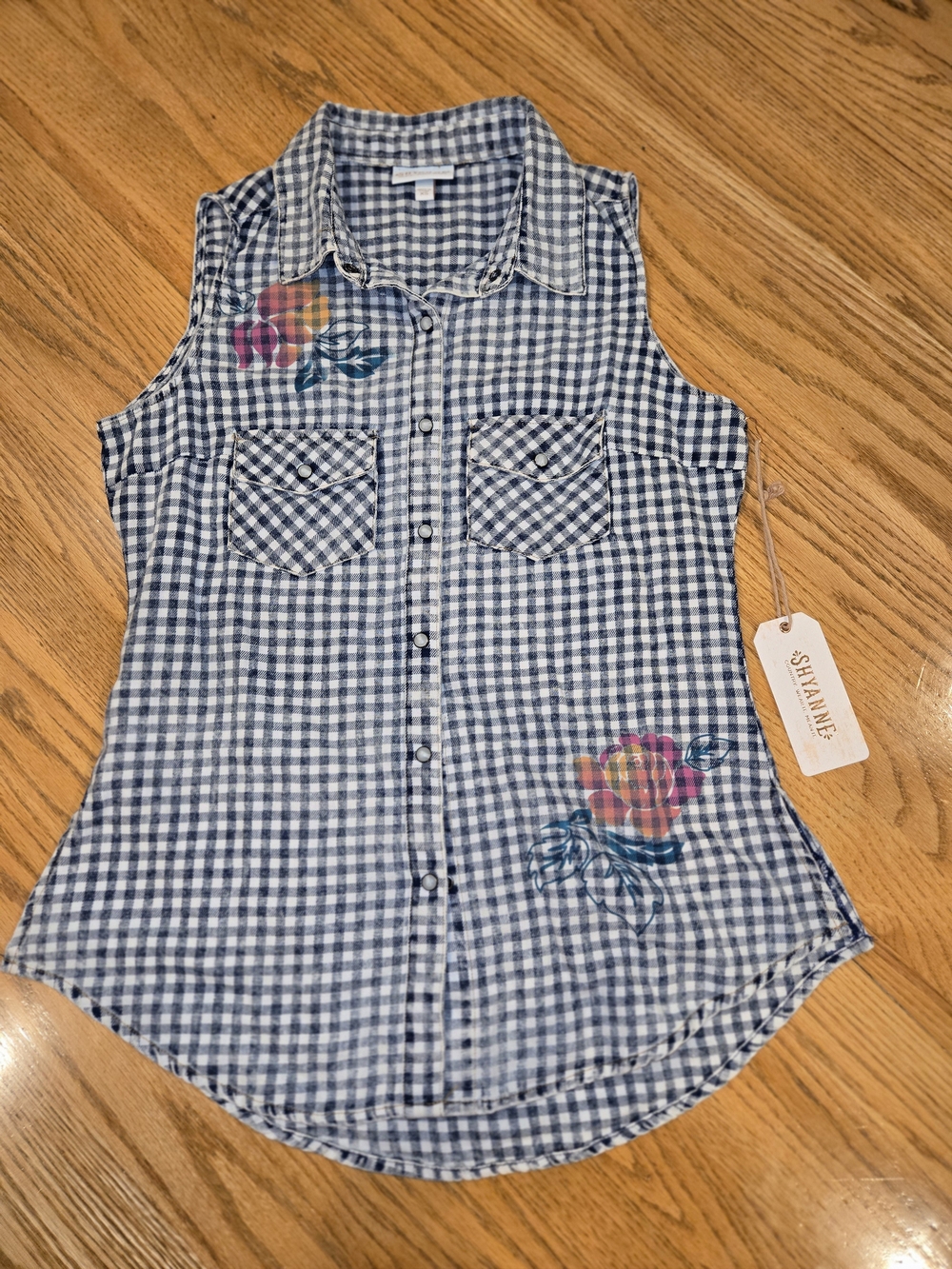 Shyanne Blue and White Gingham Sleeveless Button-Down Shirt with Floral Print